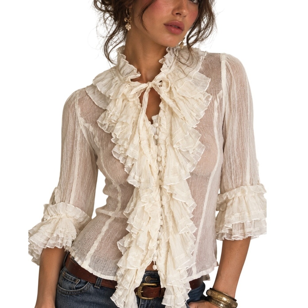 Ryu Anthropologie Romantic Whimsigoth Boho Ivory Sheer Ruffle Button Up Blouse